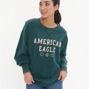 American Eagle Oversized Crew Neck Sweatshirt Teal Peace Heart Size XS NWT